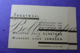 Feestmaal  Menu  Huwelijk Julia CLOETENS Lode JANSSEN Steenokkerzeel 1938 - Menu