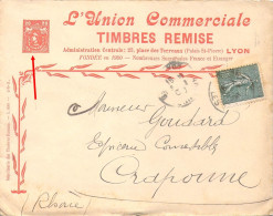 Enveloppe En-tête De L'Union Commercial Timbres Remise à Lyon Les Terreaux Avec Simili Timbre Imprimé 1908 - 1900 – 1949