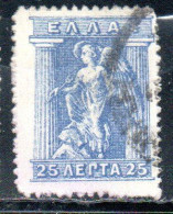 GREECE GRECIA ELLAS 1916 OVERPRINTED IN RED IRIS HOLDING CADUCEUS 25l USED USATO OBLITERE' - Usados