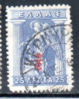 GREECE GRECIA ELLAS 1916 OVERPRINTED IN RED IRIS HOLDING CADUCEUS 25l USED USATO OBLITERE' - Used Stamps