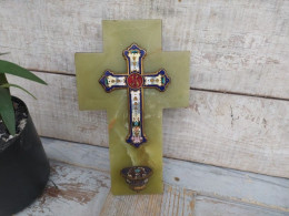 Ancien Crucifix Bénitier Onyx Émail Cloisonné Napoléon III - Art Religieux