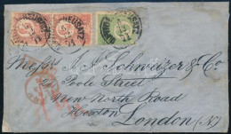 1871 Kőnyomat 3kr és Réznyomat 2x5kr "ÚJVIDÉK-NEUSATZ" Bélyegzéssel Londonba, érkezési Bélyegzéssel, Egyetlen Ismert Dar - Autres & Non Classés