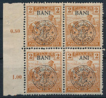 ** Kolozsvár 1919 Arató 2f ívszéli Négyestömb, Benne "ANI" Lemezhiba / Mi 26 I. Margin Block Of 4 With Plate Variety. Si - Altri & Non Classificati