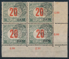 ** Kolozsvár 1919 Portó 20f ívsarki Négyestömb, Benne "távol álló I" Lemezhiba / Mi P9 I. Corner Block Of 4 With Plate V - Altri & Non Classificati