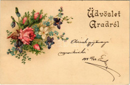 T2/T3 1899 (Vorläufer) Arad, Üdvözlet Aradról. Dombornyomott Litho Virágos üdvözlőlap / Greetings From Arad! Emb. Floral - Sin Clasificación