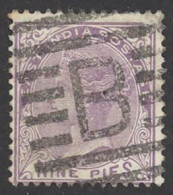 India Sc# 32 Used (a) 1874 9p Queen Victoria  - 1858-79 Compañia Británica Y Gobierno De La Reina