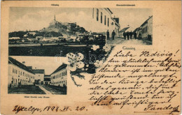 T2/T3 1898 (Vorläufer) Németújvár, Güssing; Oberstuhlrichteramt, Hotel Kneffel Oder Krone / Vár, Bírósági Hivatal, Száll - Non Classés