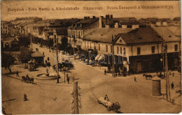 T4 1919 Bialystok, Ecke Markt- U. Nikolaistraße / Market Square, Street View, Horse-drawn Tram, Shops (r) - Unclassified