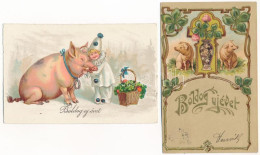 2 Db Régi újévi üdvözlőlap Malacokkal / 2 Pre-1945 New Year Greeting Art Postcards With Pigs - Sin Clasificación
