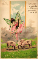 T2/T3 1901 Viel Glück Im Neuen Jahre! / New Year Greeting Art Postcard With Fairy, Pigs And Clovers. Art Nouveau, Litho  - Ohne Zuordnung