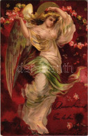 T2/T3 1903 Greeting Art Postcard With Angel. Emb. Floral, Litho (EK) - Ohne Zuordnung