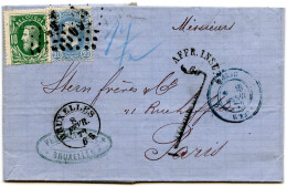 BELGIQUE - COB 30+31 AFF. INSUFF. 60 SUR LETTRE DE BRUXELLES POUR PARIS TAXEE 7, 1872 - 1869-1883 Leopold II.
