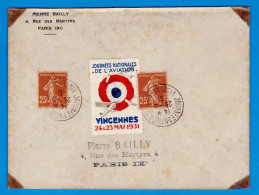 LETTRE AVEC VIGNETTE "JOURNEES NATIONALES DE L'AVIATION, VINCENNES 24 & 25 MAI 1931" - OBLITERATIONS - Aviazione