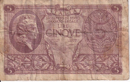 BILLETE DE ITALIA DE 5 LIRE  BIGLIETO DI STATO DEL AÑO 1944 (BANKNOTE) - Italia – 5 Lire