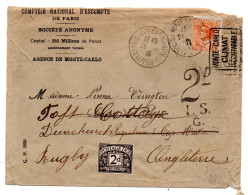 MONACO -- MONTE CARLO -- Enveloppe C.N.E.P. Taxée 2d -- Timbre 30 C. Prince Louis II  Pour L'Angleterre - Usati