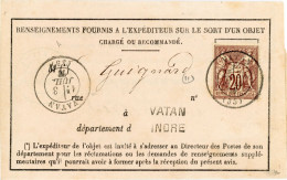 30 Juin 1877 Sage N°67 Sur Avis De Chargement/recommandé Complet De Vatan Indre Vers Paris,signé Calves - 1877-1920: Période Semi Moderne