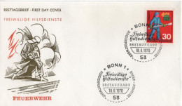 Germany Deutschland 1970 FDC Freiwillige Hilfsdienste, Feuerwehr Fire Department Firefighters Feuerwehrleute, Bonn - 1961-1970