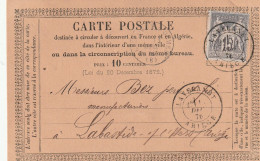 Yvert 77 Sage Carte Précurseur LAVELANET Ariège 11/12/1876 Pour Labastide Sur L' Hers - Voorloper Kaarten