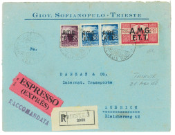 P2658 - ITALIA AMGVFTT TRIESTE A 100 L DEMOCRATICA + ALTRI VALORI RACCOMANDATA ESPRESSO PER LA SVIZZERA.21.8.48 - Poststempel