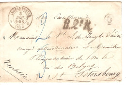 Lettre Sans Contenu Obl. Distribution Ingelmunster 3/12/1858+Boîte  + B.2° R. + Tax 2/3 > Ministre Belge St.Petersbourg - 1849-1865 Medaillons (Varia)