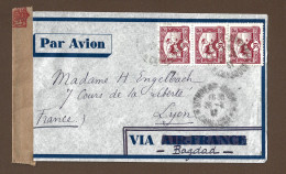 !!! LETTRE PAR AVION DE 1941, POUR LYON VIA BAGDAD AVEC MARQUE DE CENSURE ET CACHET DU CAMBODGE (SIEMRÉAP-ANGKOR) - Luftpost