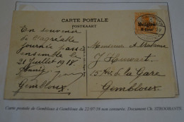 Courrier,envoi,guerre 14-18,sur Carte Postale De Gembloux,oblitération Militaire,occupation Allemande 1918 - OC38/54 Occupation Belge En Allemagne