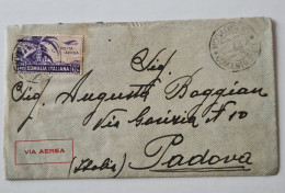 STORIA POSTALE    SOMALIA MOGADISCIO  CONCENT. MIL 1,50 LIRE  AEREA X PADOVA   Rara - Poststempel (Flugzeuge)