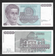 SE)1992 YUGOSLAVIA, BANKNOTE OF 100,000,000 DINARS OF THE CENTRAL BANK OF YUGOSLAVIA, WITH REVERSE, VF - Usados