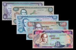 # # # Set 5 Banknoten Jamaika (Jamaica) 1 Bis 50 Dollar 1986-2004 UNC # # # - Jamaique
