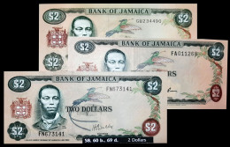 # # # Set 3 Banknoten Aus Jamaika (Jamaica) 2 Dollars (P-58, 60, 69) UNC # # # - Jamaique