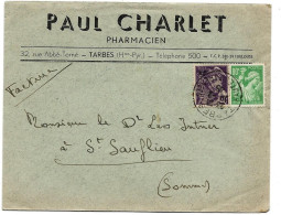 Enveloppe Facture CHARLET  Pharmacien  TARBES   Oblit 80c Iris  Et 40c Mercure Surch RF Oblit TARBES 1945 - Lettres & Documents