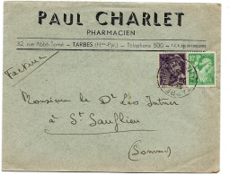 Enveloppe Facture CHARLET  Pharmacien  TARBES   Oblit 80c Iris  Et 40c Mercure Surch RF Oblit TARBES 1945 - Cartas & Documentos