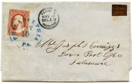 ETATS UNIS - BLOOD'S DESPATCH 1C + 3C FRANCKLIN SUR LETTRE POUR LE DELAWARE, 1852 - Covers & Documents