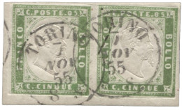 Antichi Stati Italiani - Sardegna - Coppia Angolo Di Foglio Del 5 Cent Verde Giallo Annullata Torino 7.11.55 - Angolo Di - Other & Unclassified