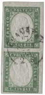 Antichi Stati Italiani - Sardegna - Coppia Verticale Angolo Di Foglio Del 5 Cent Verde Pisello - Grandi Margini - 17.9.5 - Other & Unclassified