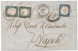 Antichi Stati Italiani - Sardegna - Lettera Da Genova 9.4.57 Per Napoli Affrancata Con Coppia Verticale Del 5 Cent Verde - Other & Unclassified