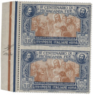 Regno - Vittorio Emanuele III - 1923 Regno - Propaganda Fide 1 Lira Azzurra E Arancio - Coppia Verticale Non Dentellata  - Other & Unclassified