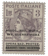 Regno - Vittorio Emanuele III - 1924 Regno - Parastatali 3 Lire Assoc. Naz. Mutil. Inv. Guerra Roma Ottimamente Centrato - Otros & Sin Clasificación