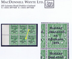 Ireland 1922 Thom Rialtas 5-line Ovpt In Blue-black On ½d, Marginal Block Of 6 Incl "R Over Se" Mint Unmounted - Unused Stamps
