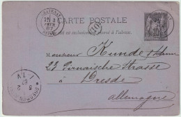 FRANCE 1887 Cachet "OL" Cercle Pointillé Sur CP 10c Sage De "CHATENAY / SEINE" (t.18) à DRESDE, Allemagne - 1877-1920: Semi-moderne Periode