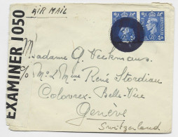 ENGLAND 2D 1/2X2 LETTRE COVER AIR MAIL LONDON TO GENEVE + CENSURE + ANNULATION - Sellados