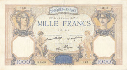 Billet 1000 F Cérès Et Mercure Du 2-12-1937 FAY 38.05 Alph. B.3063 - 1 000 F 1927-1940 ''Cérès E Mercure''