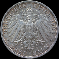 LaZooRo: Germany PRUSSIA 3 Mark 1909 A XF / UNC - Silver - 2, 3 & 5 Mark Argent