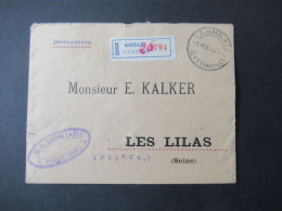 Griechenland 1923 Reco / Einschreiben Athenes - Les Lilas Seine Stp. D.G. Cavallaris Rücks. Freimarken Hermes U. Iris - Cartas & Documentos