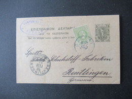 Griechenland 1901 Ganzsache Mit Zusatzfrankatur Hermeskopf! Patras - Reutlimngen Mit Ank. Stempel K1 Reutlingen Bahnhof - Enteros Postales