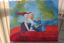 Promenade En Voiture / Peinture à L'huile 55 X 46 Cm - Olieverf