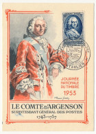 FRANCE => PONTARLIER - Carte Officielle "Journée Du Timbre" 1953 Timbre 12F + 3F Comte D'Argenson - Covers & Documents