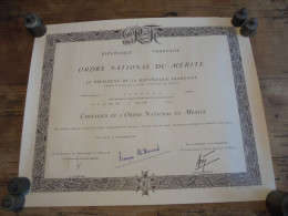 Diplome Ordre National Du Mérite 1990 Signé F. Mittérand  Mr Gambade - France