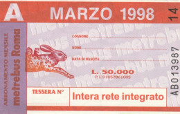 ABBONAMENTO AUTOBUS METRO ROMA ATAC MARZO 1998 (MK115 - Europe