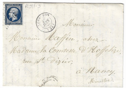 0014. Lettre N°14 Ty. I BLEU NOIR - Variété POSTF-S - Càd Longuyon (MEUSE) - Sup. - Juin 1856 - 1849-1876: Période Classique